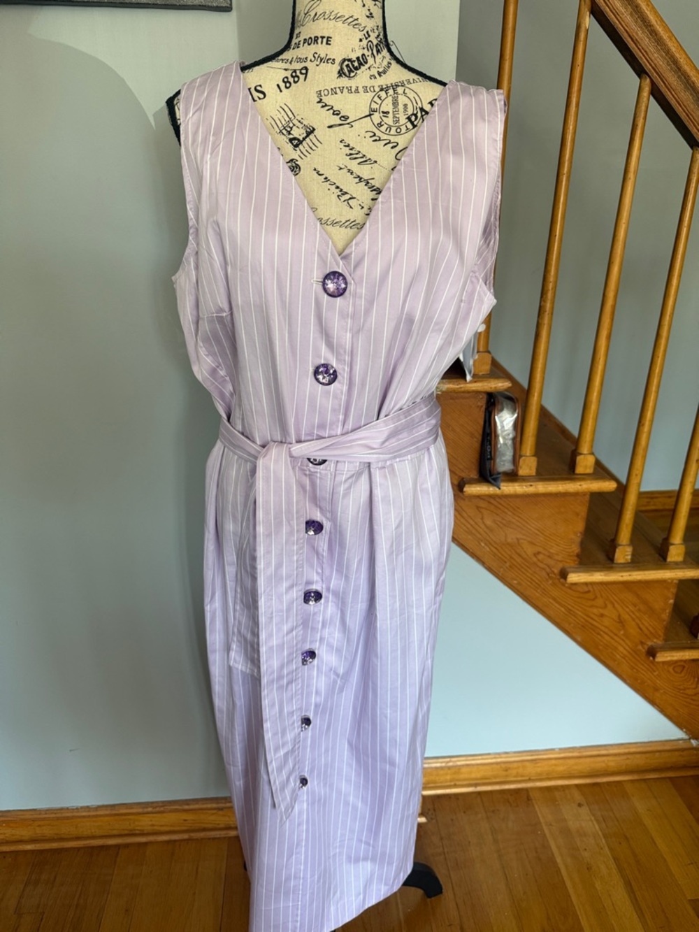 Light Lavender Striped Button-Front Dress with Belt 💯 Linen